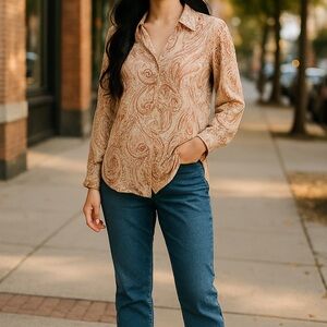 Rachel Zoe Linen Paisley Shirt in PTan and Orange. Size XL